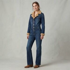 Street Blues Vintage Denim Faux Sherpa Trim Jumpsuit Overalls Womens Large L